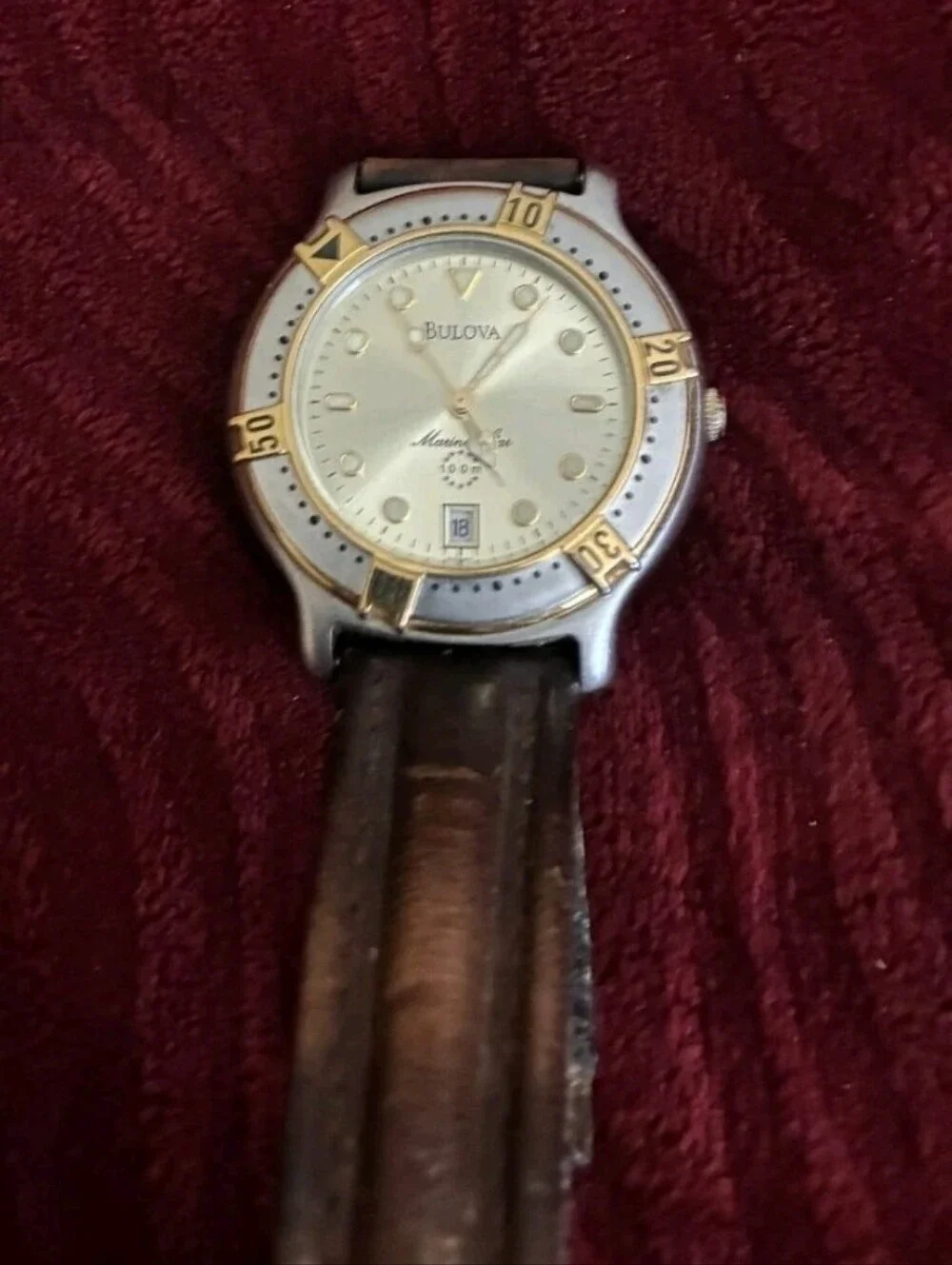 Bulova Two-Tone Silver and Gold Dial Watch with Brown Strap